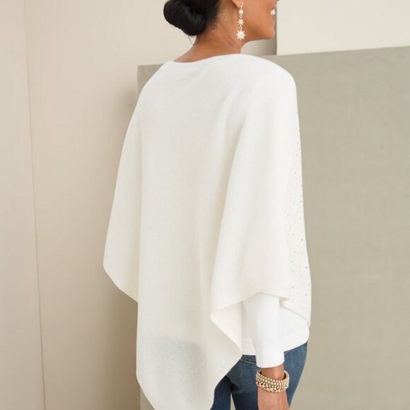 Chicos Cashmere Poncho Sweater Rhinestone Ivory Asymmetrical Wool Bedazzled - Picture 3 of 16